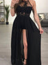 Black Tulle Prom Dresses With Appliques and Slit LBQ0150